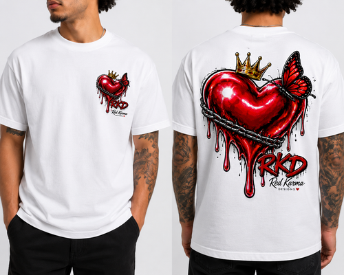 Crowned Red Karma T-shirt front and back model mockup