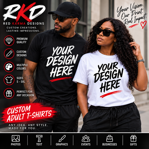 Red Karma Designs custom adult T-shirt hero image